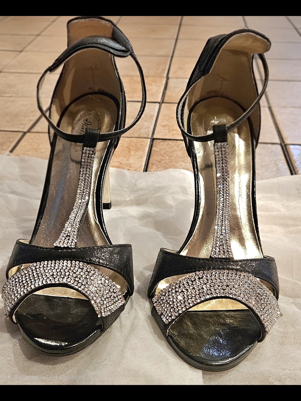 Italina Black Heeled T-Strap Sandals with Silver Rhinestones